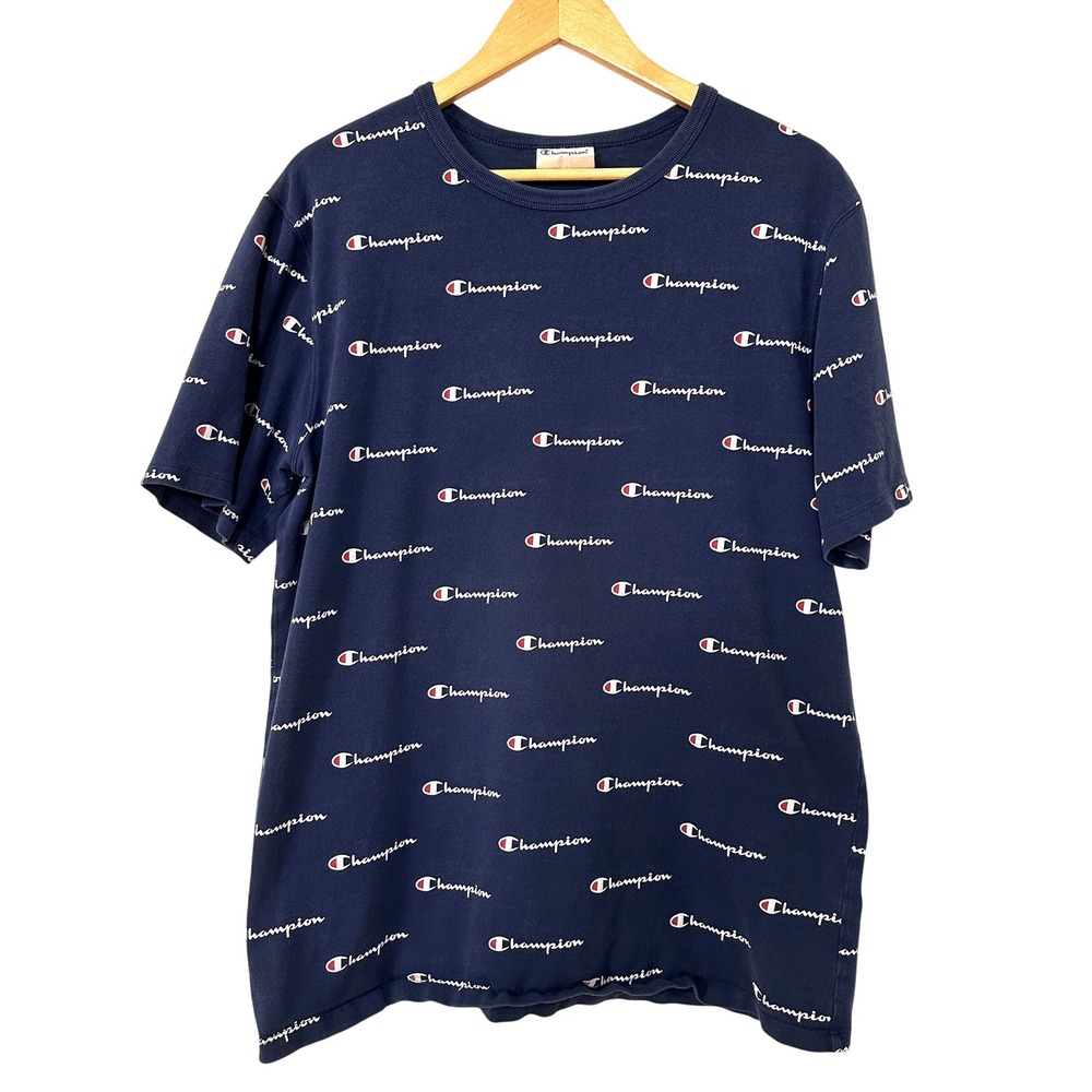 Y2K Champion All Over Print T Shirt Navy Blue XL Reverse Weave Streetwear